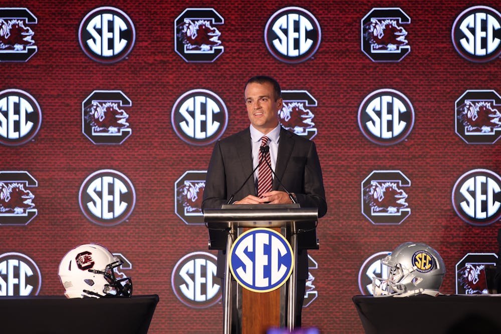 University of South Carolina head coach Shane Beamer speaks to the media during the 2021 SEC Football Kickoff Media Days on July 19,2021 at the Wynfrey Hotel,Hoover,Alabama. (Jimmie Mitchell/SEC)