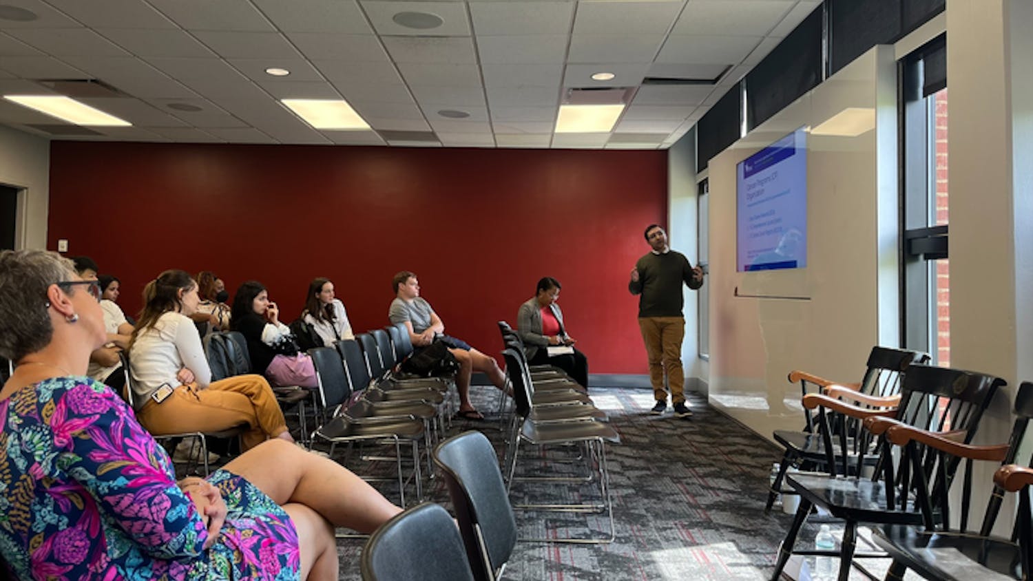 Jaron King, the director of research and planning for cancer prevention control with the South Carolina Department of Health and Environmental Control, speaks during a kickoff event for the USC's Cancer Prevention Week on April 1, 2024. King spoke about his team's role in supporting cancer screening efforts for South Carolina citizens of low socioeconomic backgrounds.