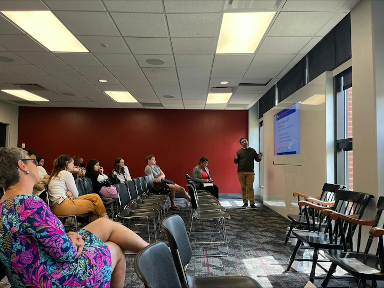 Jaron King, the director of research and planning for cancer prevention control with the South Carolina Department of Health and Environmental Control, speaks during a kickoff event for the USC's Cancer Prevention Week on April 1, 2024. King spoke about his team's role in supporting cancer screening efforts for South Carolina citizens of low socioeconomic backgrounds.