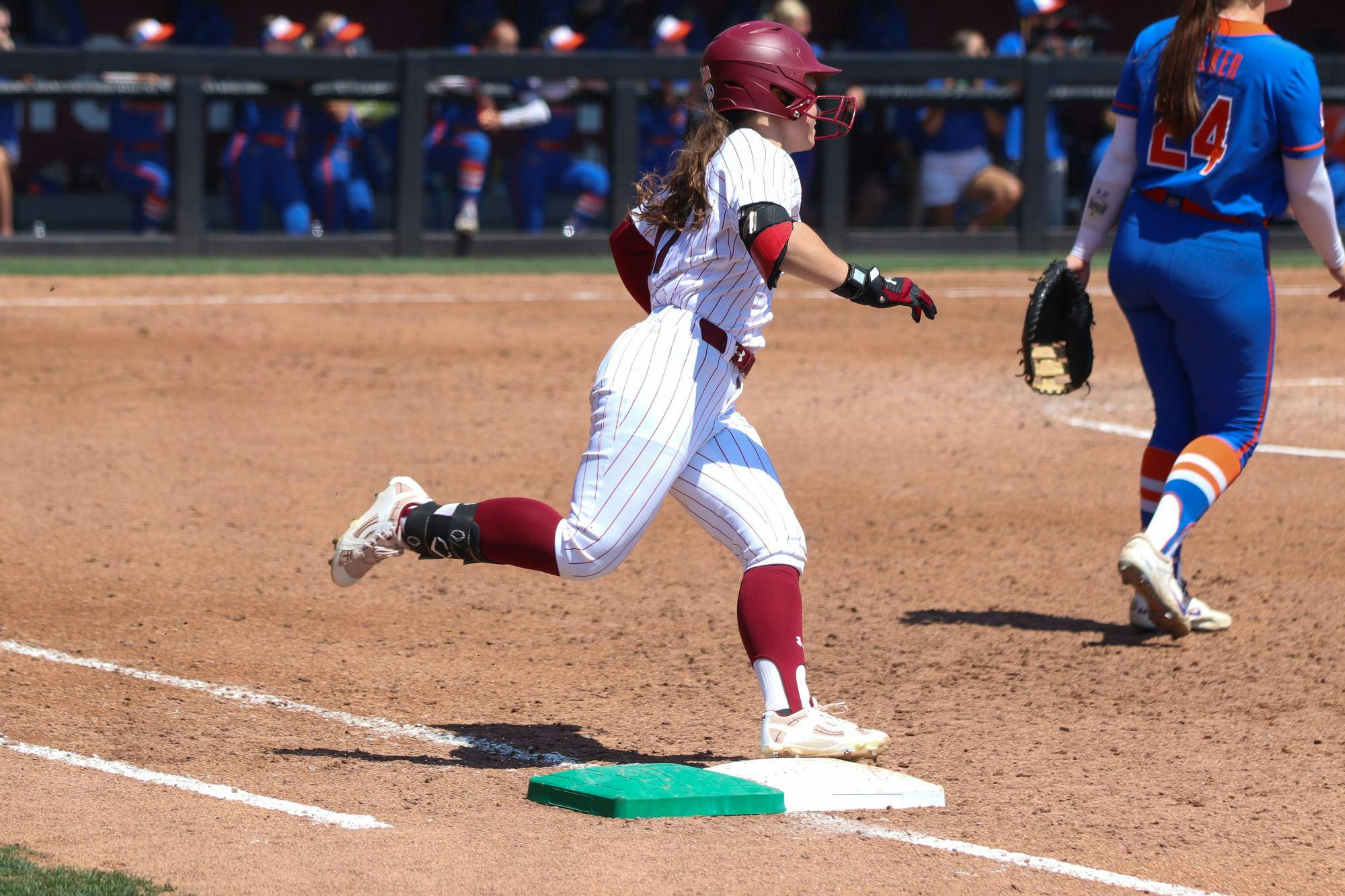 Freshman outfielder Kai Byars steps on first base at Beckham Field on Feb. 12, 2026.