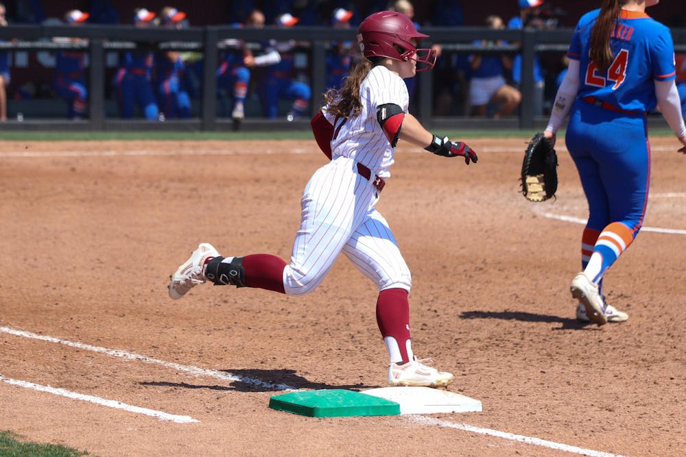 <p>Freshman outfielder Kai Byars steps on first base at Beckham Field on Feb. 12, 2026.</p>