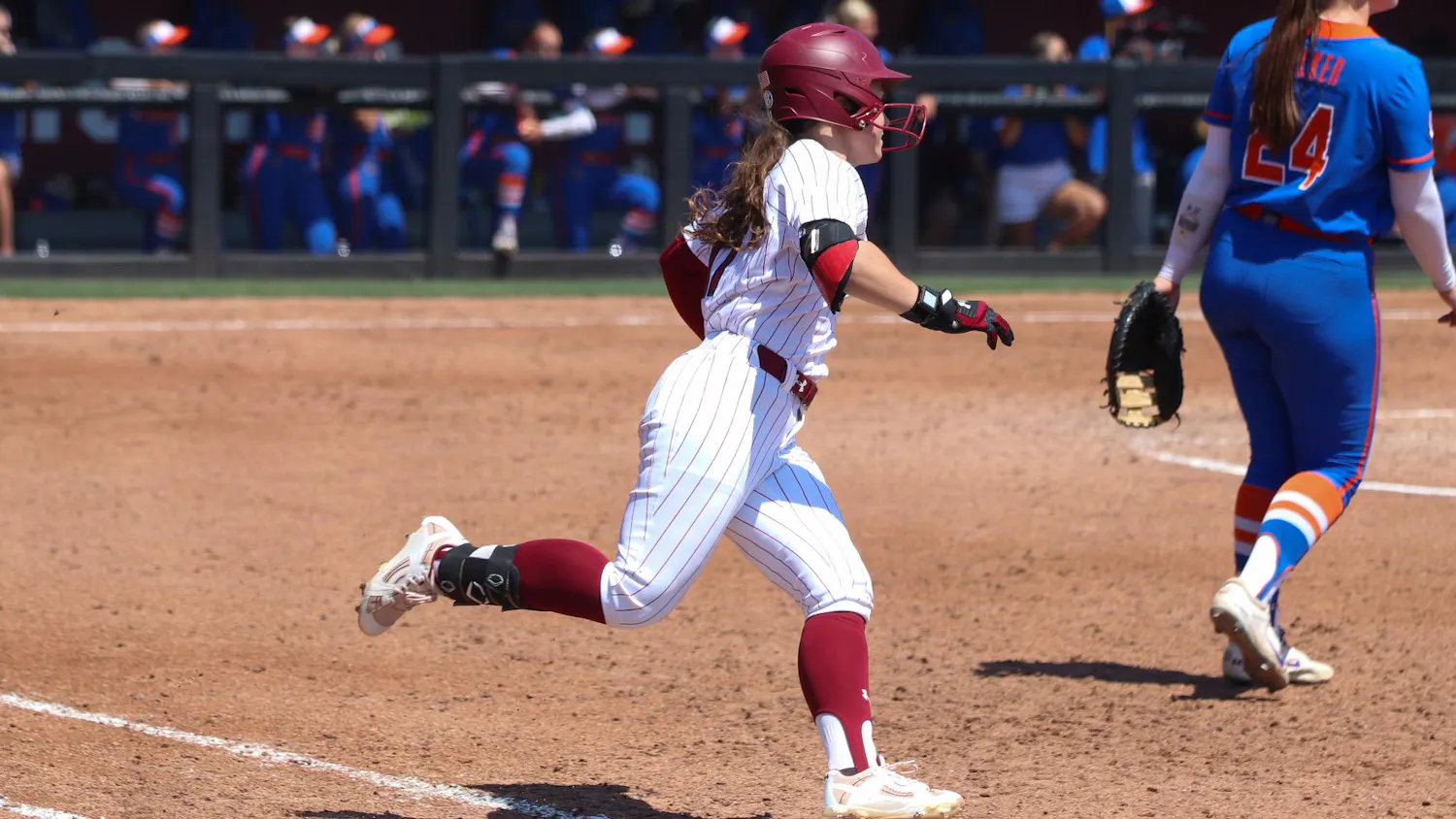 Freshman outfielder Kai Byars steps on first base at Beckham Field on Feb. 12, 2026.