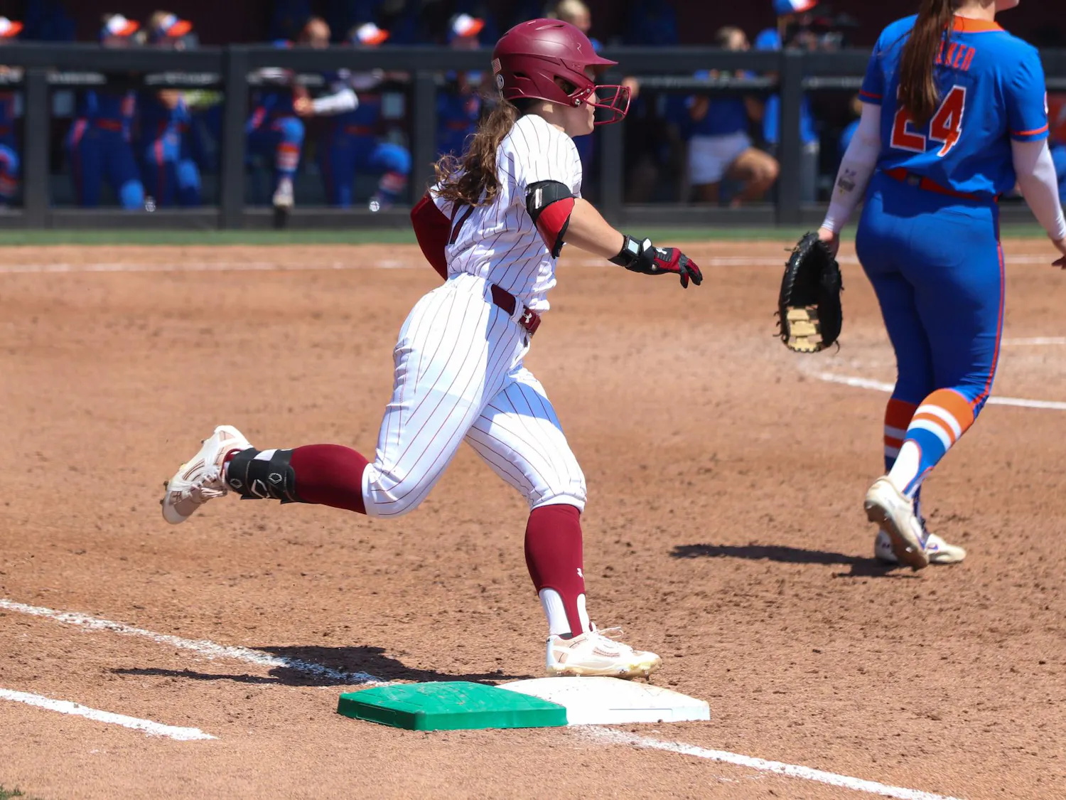 Freshman outfielder Kai Byars steps on first base at Beckham Field on Feb. 12, 2026.