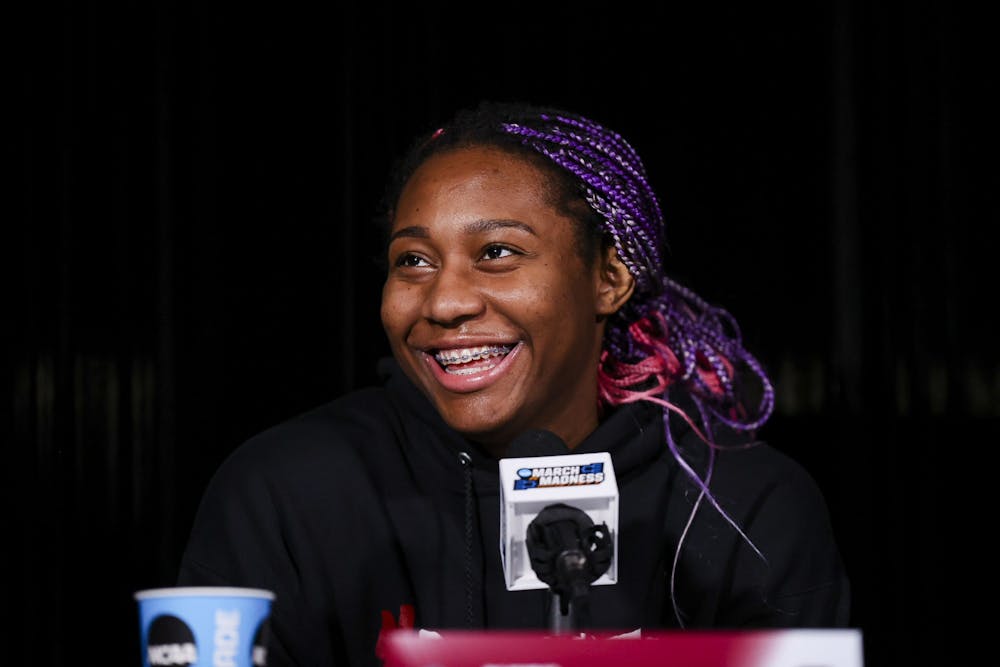<p>FILE—Senior forward Aliyah Boston speaks to the media on Saturday, April 2, 2022. Boston was awarded the Honda Cup and named the Collegiate Woman Athlete of the Year in addition to a number of other honors.&nbsp;</p>