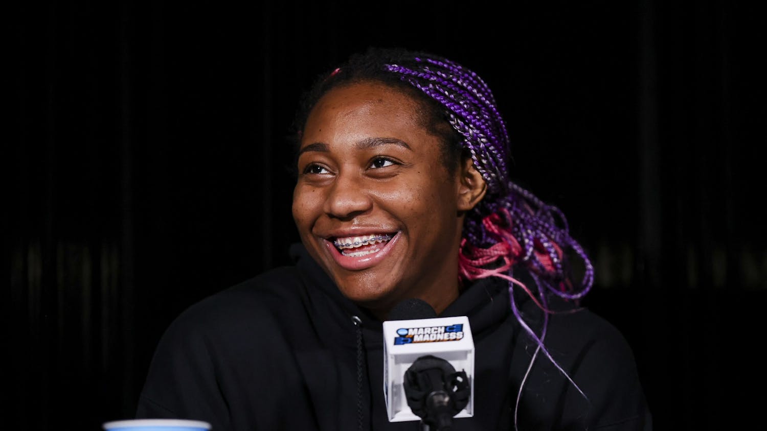 FILE—Senior forward Aliyah Boston speaks to the media on Saturday, April 2, 2022. Boston was awarded the Honda Cup and named the Collegiate Woman Athlete of the Year in addition to a number of other honors.&nbsp;