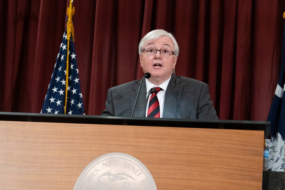 <p>FILE—University President Michael Amiridis speaks at the President-Elect Conference at the Pastides Alumni Center on Jan. 14, 2022. Amiridis started his term as president on July 1.</p>
