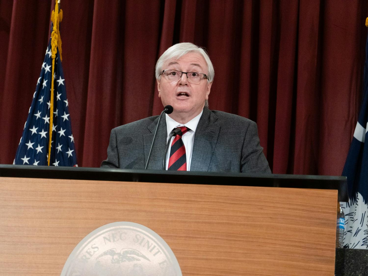 FILE—University President Michael Amiridis speaks at the President-Elect Conference at the Pastides Alumni Center on Jan. 14, 2022. Amiridis started his term as president on July 1.