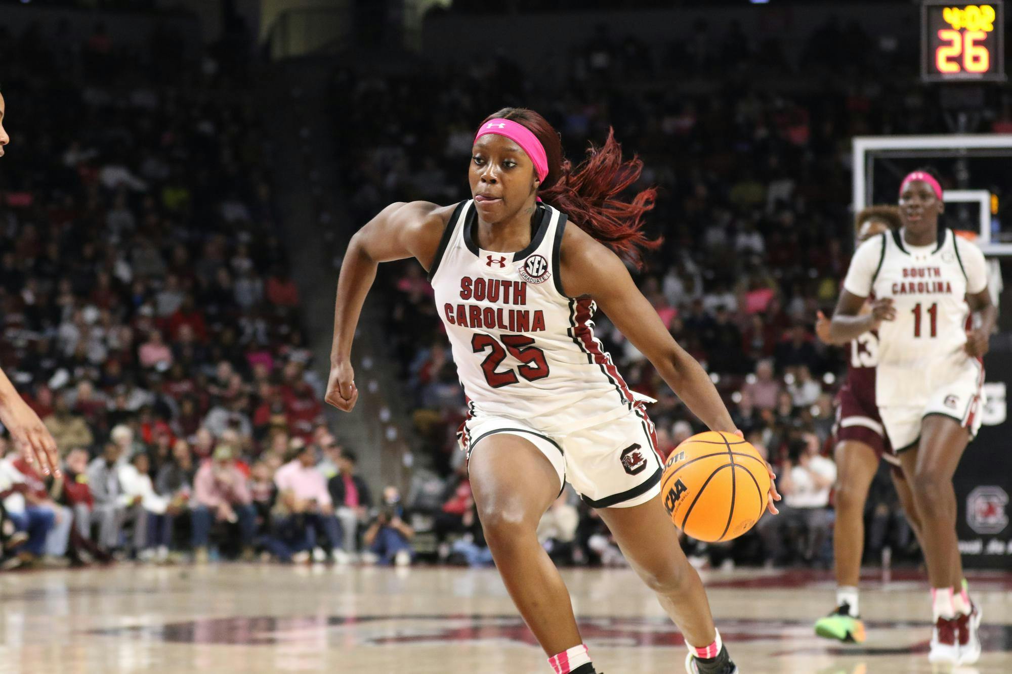 Senior guard Raven Johnson dribbles the ball up the court in the Gamecocks’ matchup against Mississippi State University. The Gamecocks defeated the Bulldogs with a final score of 88-45.
