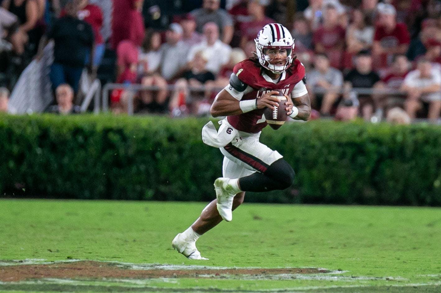Redshirt senior quarterback Robby Ashford looks down the field during South Carolina's game against Akron on Sept. 21, 2024 at Williams-Brice Stadium. Ashford had 234 passing yards in the Gamecocks 50-7 victory over the Zips.