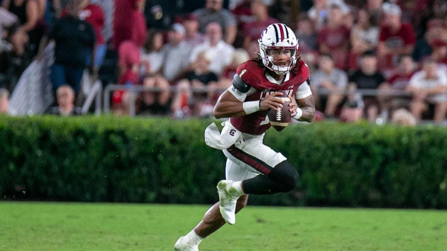 Redshirt senior quarterback Robby Ashford looks down the field during South Carolina's game against Akron on Sept. 21, 2024 at Williams-Brice Stadium. Ashford had 234 passing yards in the Gamecocks 50-7 victory over the Zips.