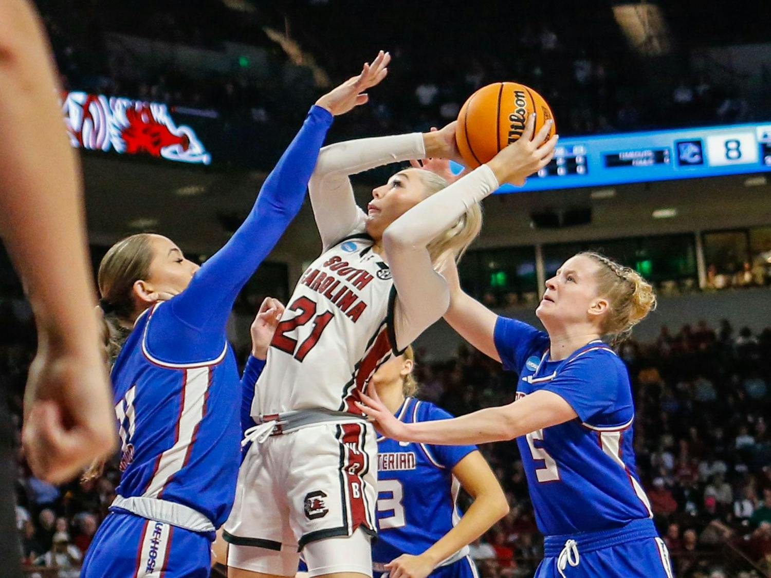 Sophomore forward Chloe Kitts goes up for a shot during South Carolina’s game against Presbyterian in round one of the 2024 NCAA Women’s Tournament on March 22, 2024, at Colonial Life Arena. Kitts led the team in scoring with 21 points in the Gamecocks’ 91-39 victory over the Blue Hose.
