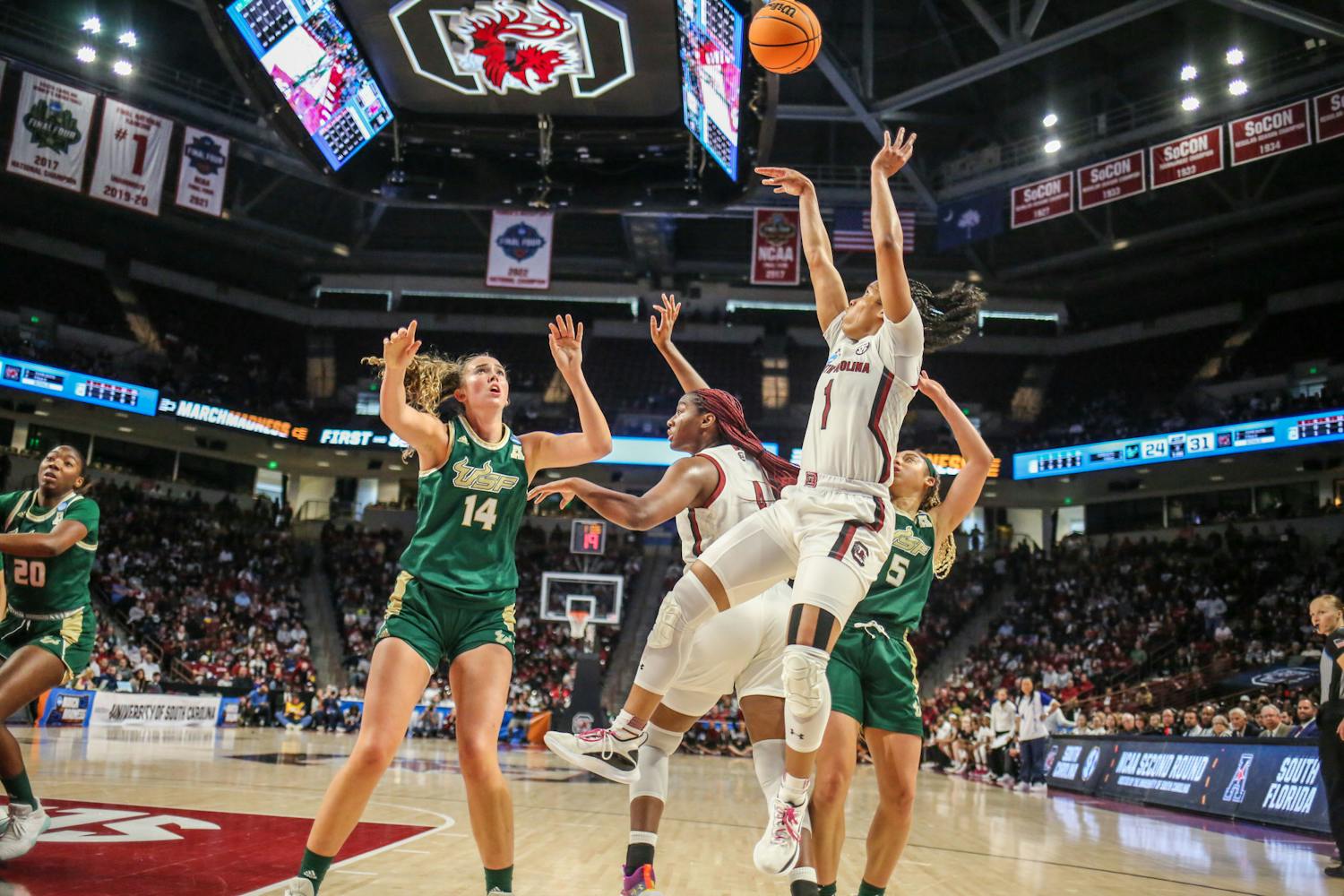 The Gamecock women's basketball team defeated the South Florida Bulls 76-45 in the second round of the NCAA Women's Basketball Tournament at Colonial Life Arena on March 19, 2023. The Gamecocks advanced to the Sweet 16 set to take place from March 24 to 25 in Greenville, S.C.&nbsp;