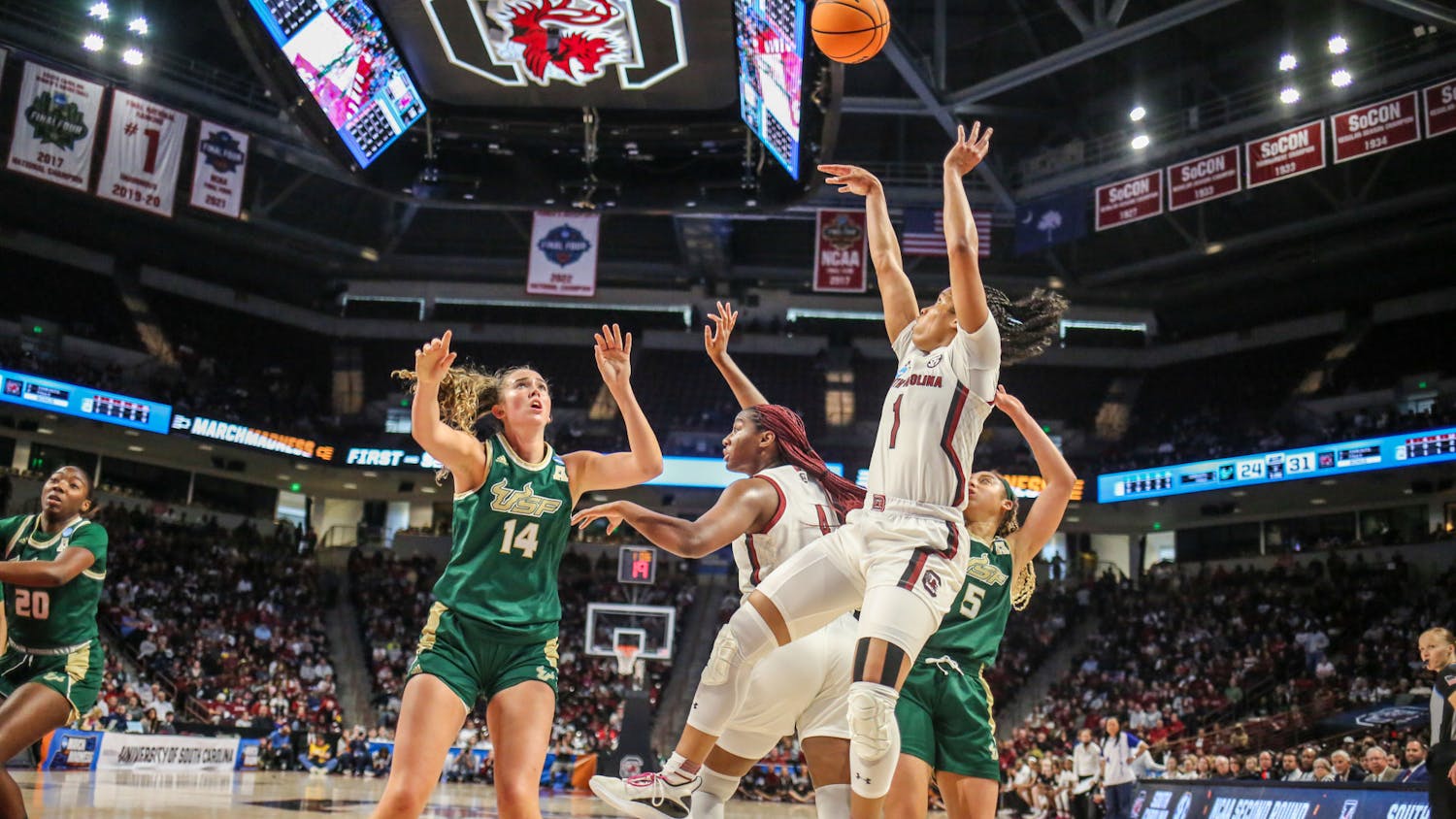 The Gamecock women's basketball team defeated the South Florida Bulls 76-45 in the second round of the NCAA Women's Basketball Tournament at Colonial Life Arena on March 19, 2023. The Gamecocks advanced to the Sweet 16 set to take place from March 24 to 25 in Greenville, S.C. 