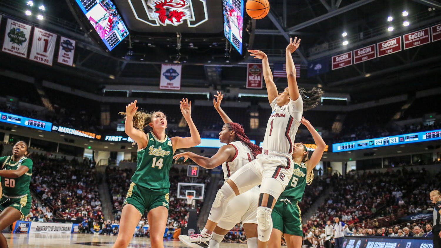 The Gamecock women's basketball team defeated the South Florida Bulls 76-45 in the second round of the NCAA Women's Basketball Tournament at Colonial Life Arena on March 19, 2023. The Gamecocks advanced to the Sweet 16 set to take place from March 24 to 25 in Greenville, S.C.&nbsp;