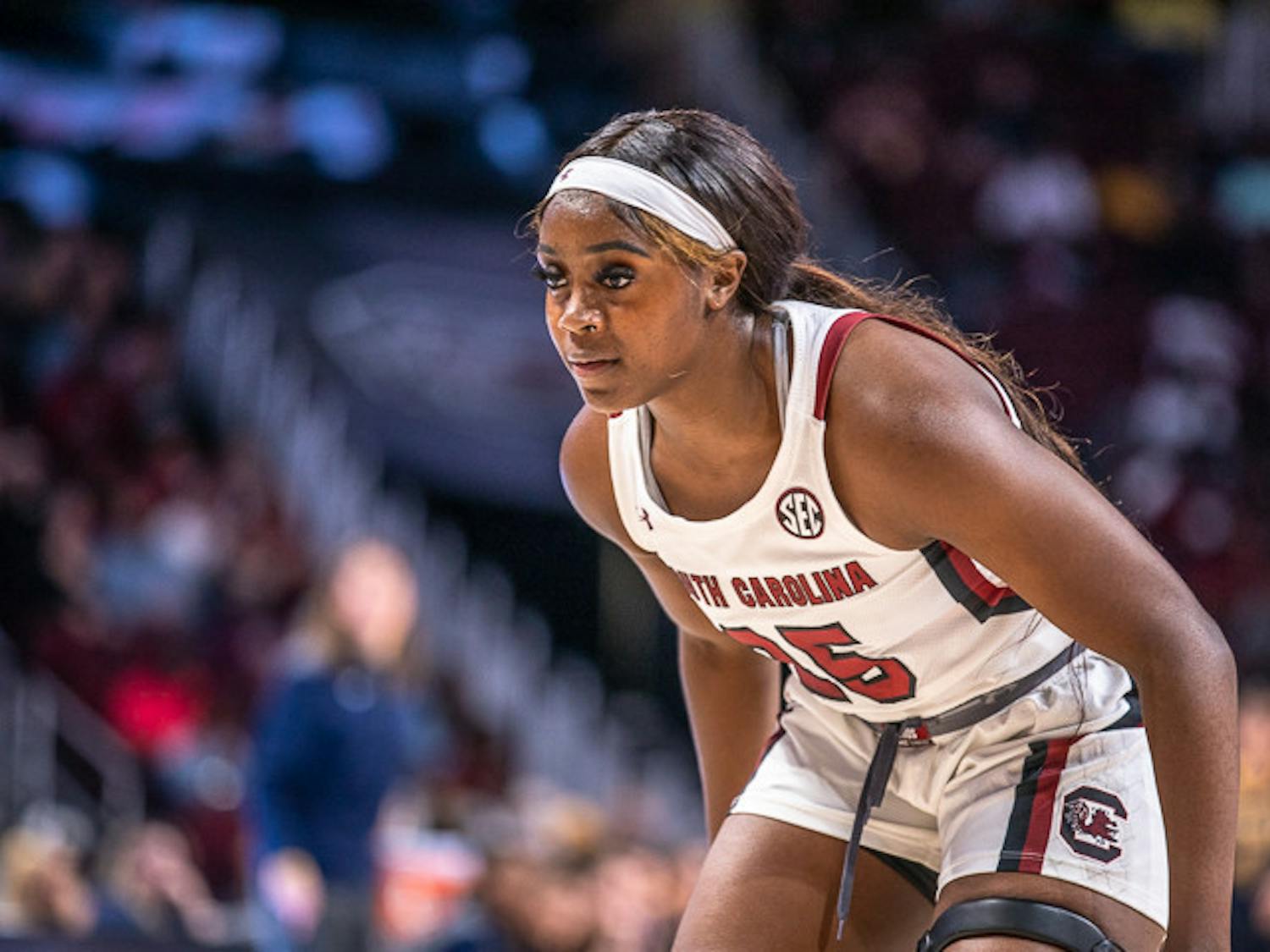 Redshirt freshman guard Raven Johnson gets ready to box out her opponent during free throws. Johnson scored nine points during South Carolina's 101-31 win over Eastern Tennessee State.