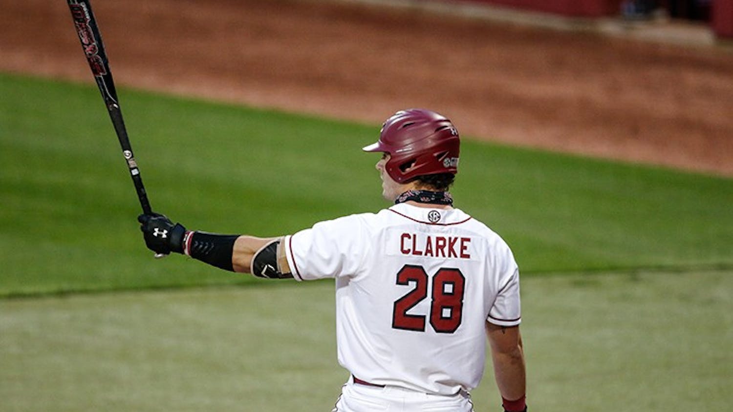 Junior infielder/outfielder Wes Clarke looks at his bat before preparing for the pitch from Davidson's player. South Carolina lost 9-4 against Davidson.