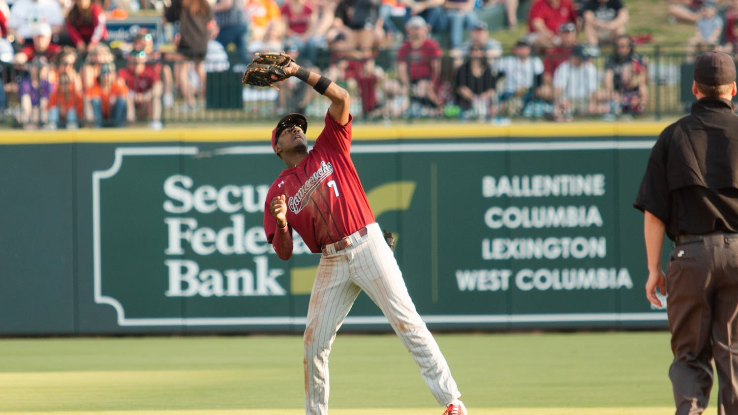 FILE—Freshman shortstop and pitcher Michael Braswell catches the ball during a game against Clemson on March 5, 2022. The Gamecocks were defeated by the Tigers, 10-2. 