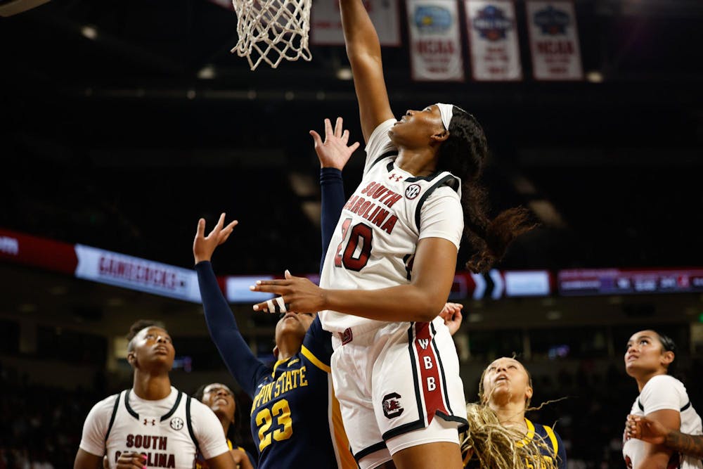 <p>FILE — Senior forward Sania Feagin performs a layup at the game against Coppin State on Nov. 14, 2024. Feagin had 3 rebounds and scored 4 points.</p>