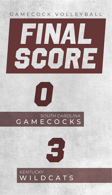 A graphic of the final score between South Carolina volleyball and Kentucky reads, "South Carolina Gamecocks, 0" and "Kentucky Wildcats, 3".