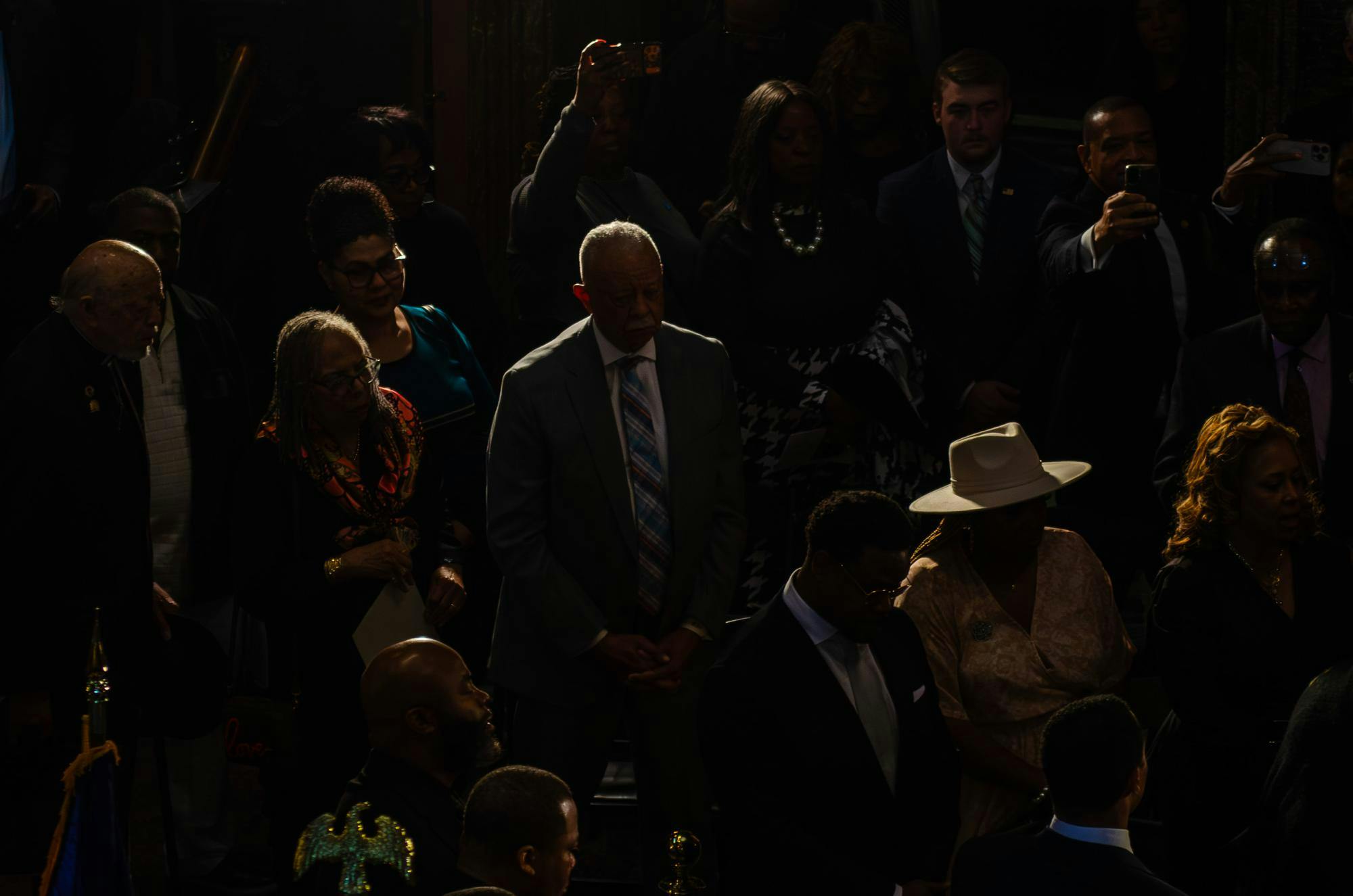 Mourners sit in silence in a moment of reflection at the lying-in-state of the Rev. Jesse Jackson in the South Carolina State House on March 2, 2026. Jackson’s family was in attendance, with the exception of his widow, Jacqueline, who got sick.