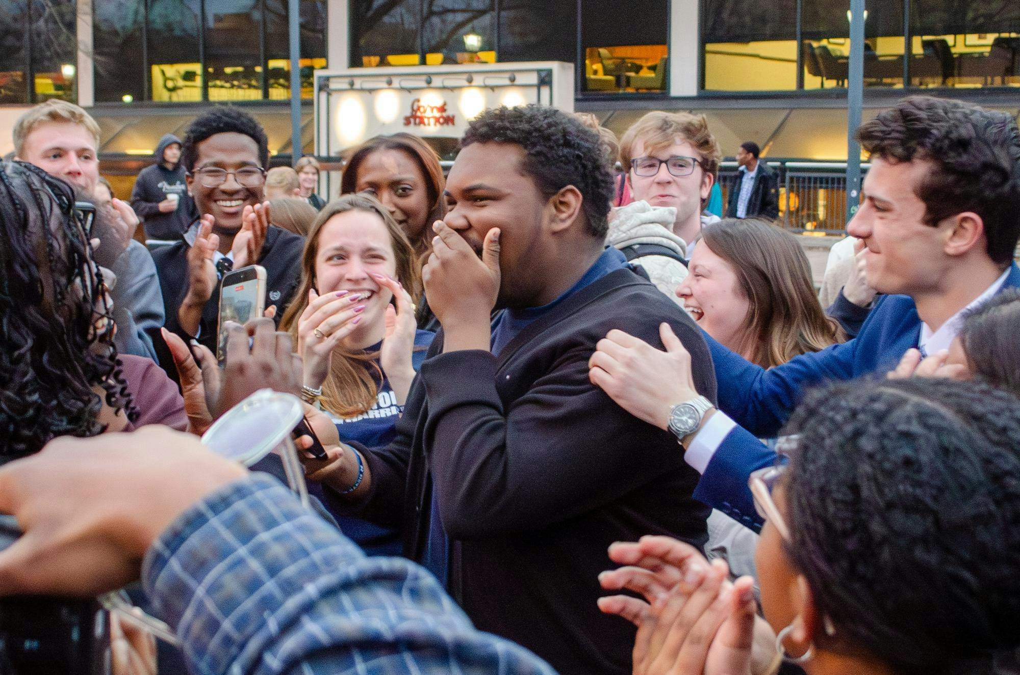 Myron Harris reacts to being elected as student body vice president Feb. 25, 2026. Harris’ running mate, Cole Rotondo, on the right, will compete in a run-off election with Emma Strickland for the position of student body president.