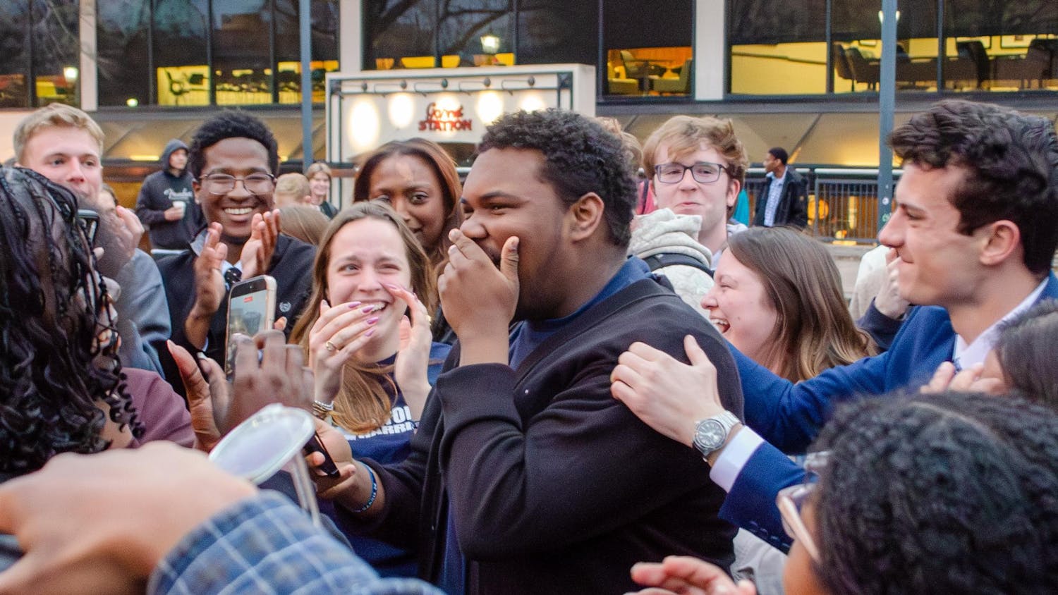 Myron Harris reacts to being elected as student body vice president Feb. 25, 2026. Harris’ running mate, Cole Rotondo, on the right, will compete in a run-off election with Emma Strickland for the position of student body president.