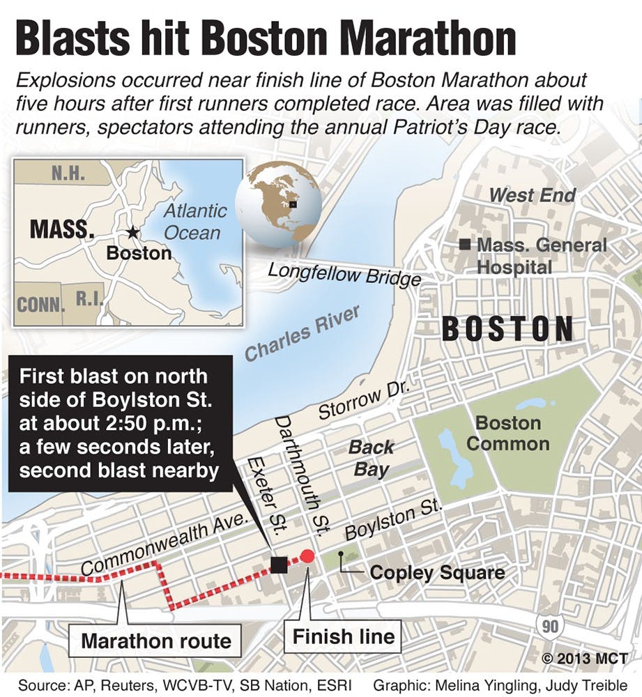 Map of downtown Boston, Mass., locates the area near the Boston Marathon finish line where two explosions erupted about five hours after the race began; map also shows area landmarks; facts about the incident. MCT 2013&lt;p&gt;With BOSTONMARTHON-EXPLOSIONS, by  MCT