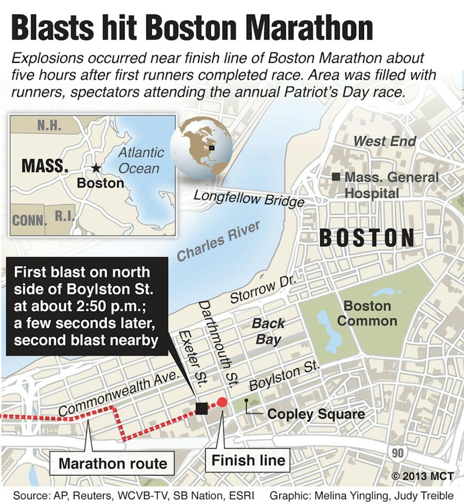 Map of downtown Boston, Mass., locates the area near the Boston Marathon finish line where two explosions erupted about five hours after the race began; map also shows area landmarks; facts about the incident. MCT 2013&lt;p&gt;With BOSTONMARTHON-EXPLOSIONS, by  MCT