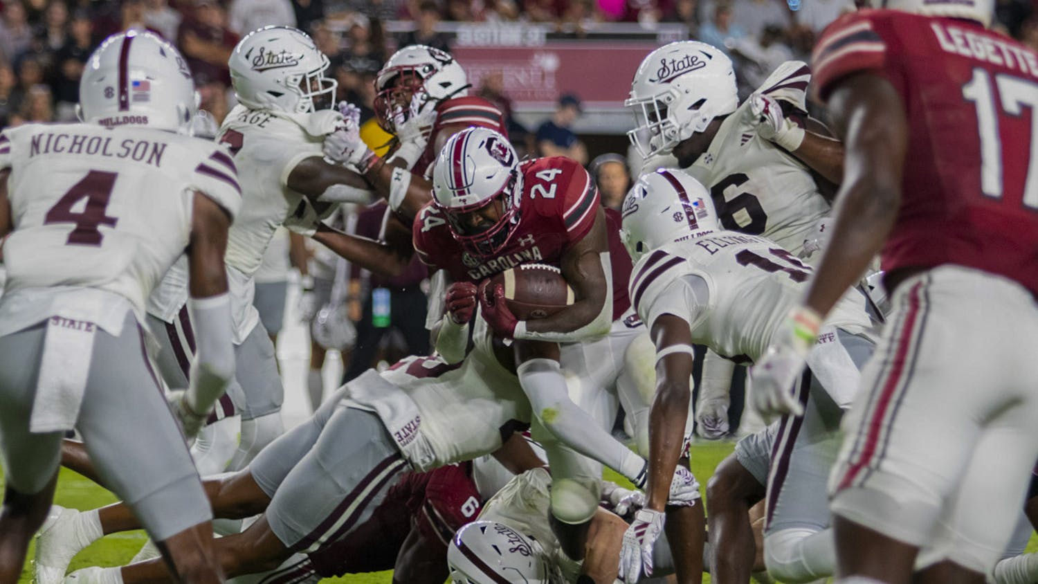 Redshirt senior running back Mario Anderson rushes in for a Gamecock-touchdown attempt at Williams-Brice Stadium on Sept. 23, 2023. Anderson rushed for a season-high 88 yards on 26 carries.