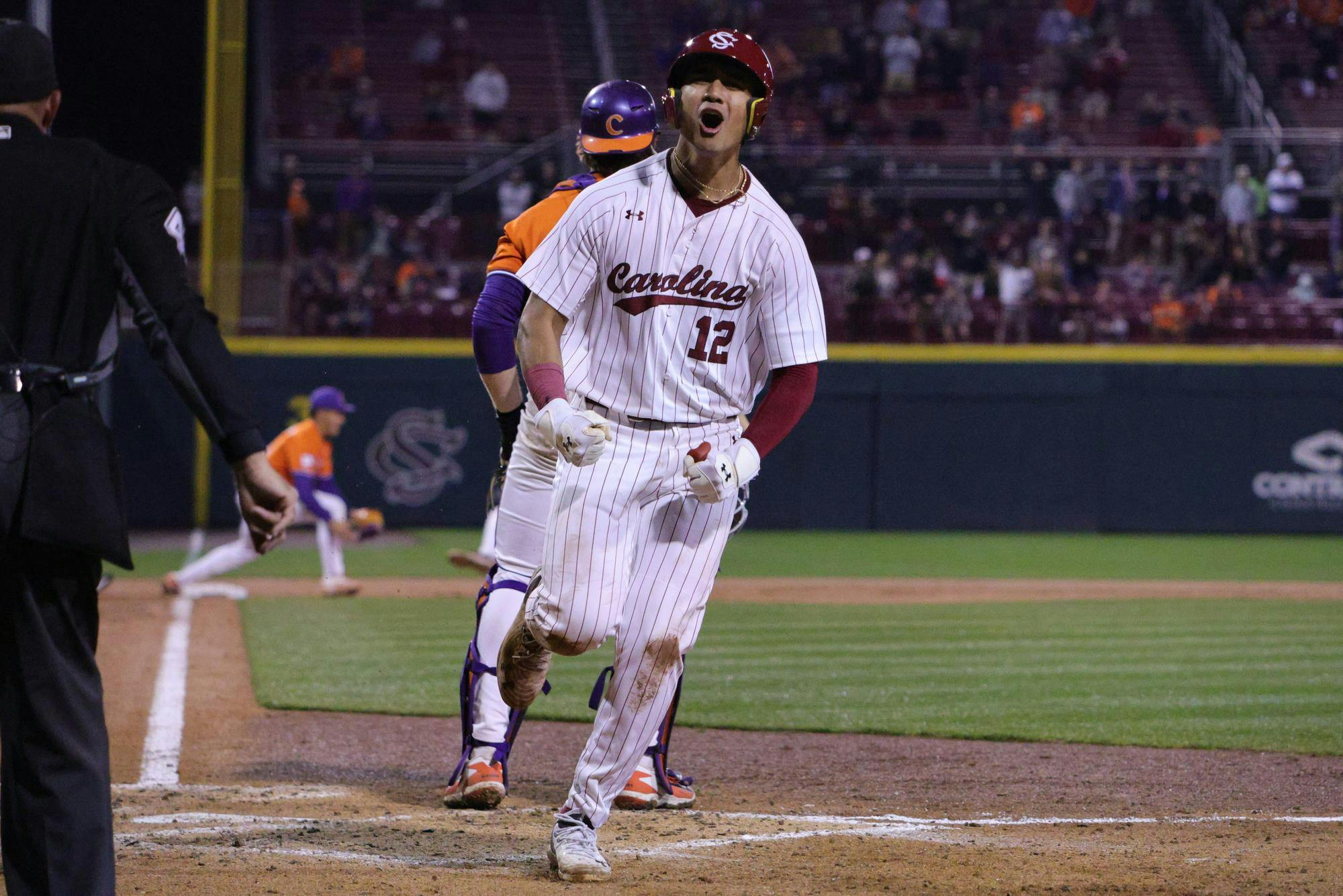 Senior outfielder Ethan Lizama reacts after crossing home plate during the game against Clemson on Feb. 27, 2026, at Founders Park in Columbia, South Carolina. He celebrates after scoring a run for South Carolina.