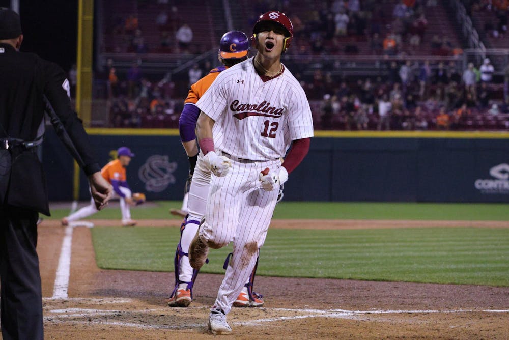 <p>Senior outfielder Ethan Lizama reacts after crossing home plate during the game against Clemson on Feb. 27, 2026, at Founders Park in Columbia, South Carolina. He celebrates after scoring a run for South Carolina.</p>