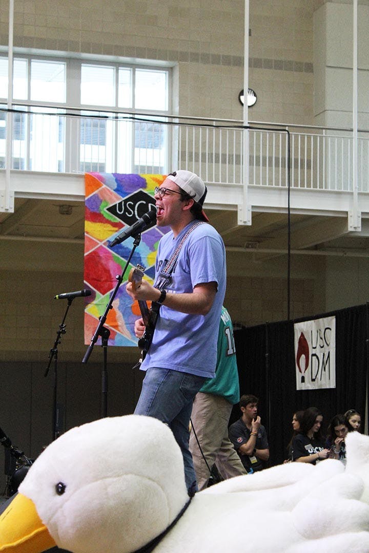 &nbsp;The band Tripping on Bricks performs for the crowd at Dance Marathon while the&nbsp;