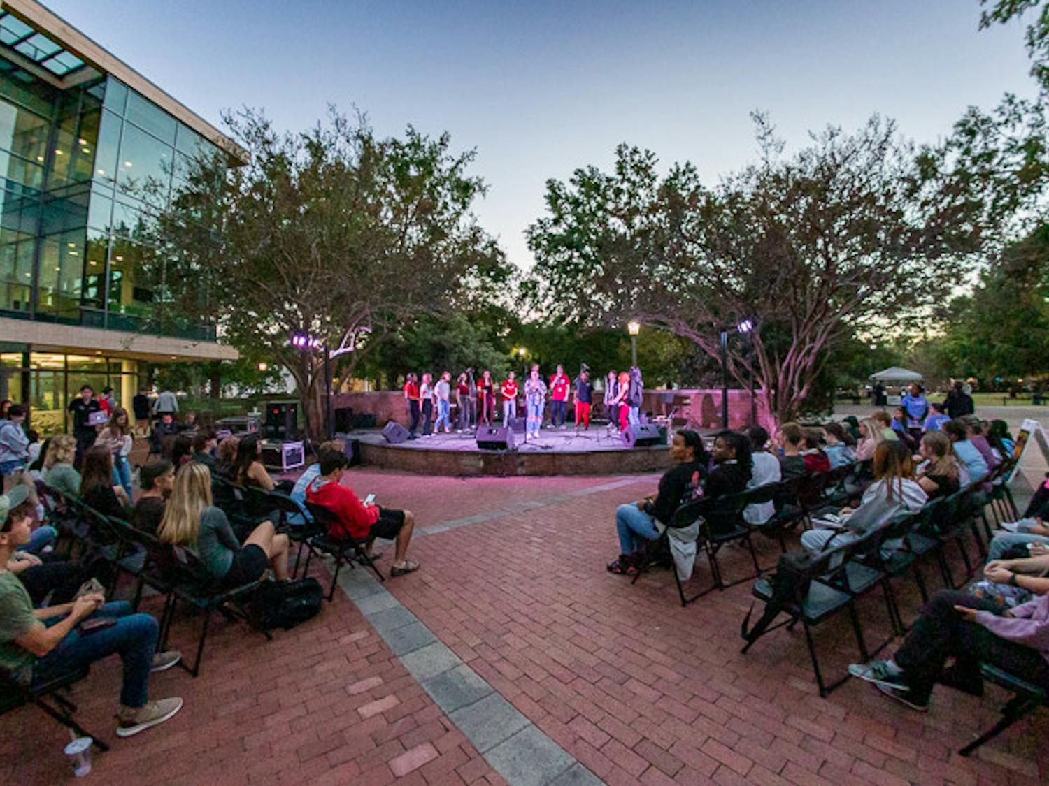 A band named The Resonance performs the opening act of the UofSC Battle of the Bands on Oct. 5, 2022. The competition brought acappella, folk, rap, and rock music to the Russel House Patio.
