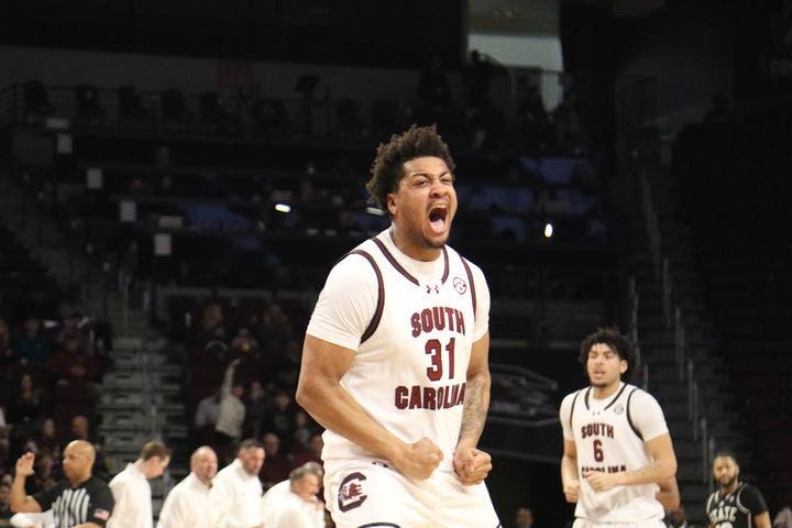 Junior forward Elijah Strong celebrates after a dagger 3-pointer late in the second half against Mississippi State on Feb. 21, 2026, at Colonial Life Arena. Strong finished with 16 points to help the Gamecocks with the win.