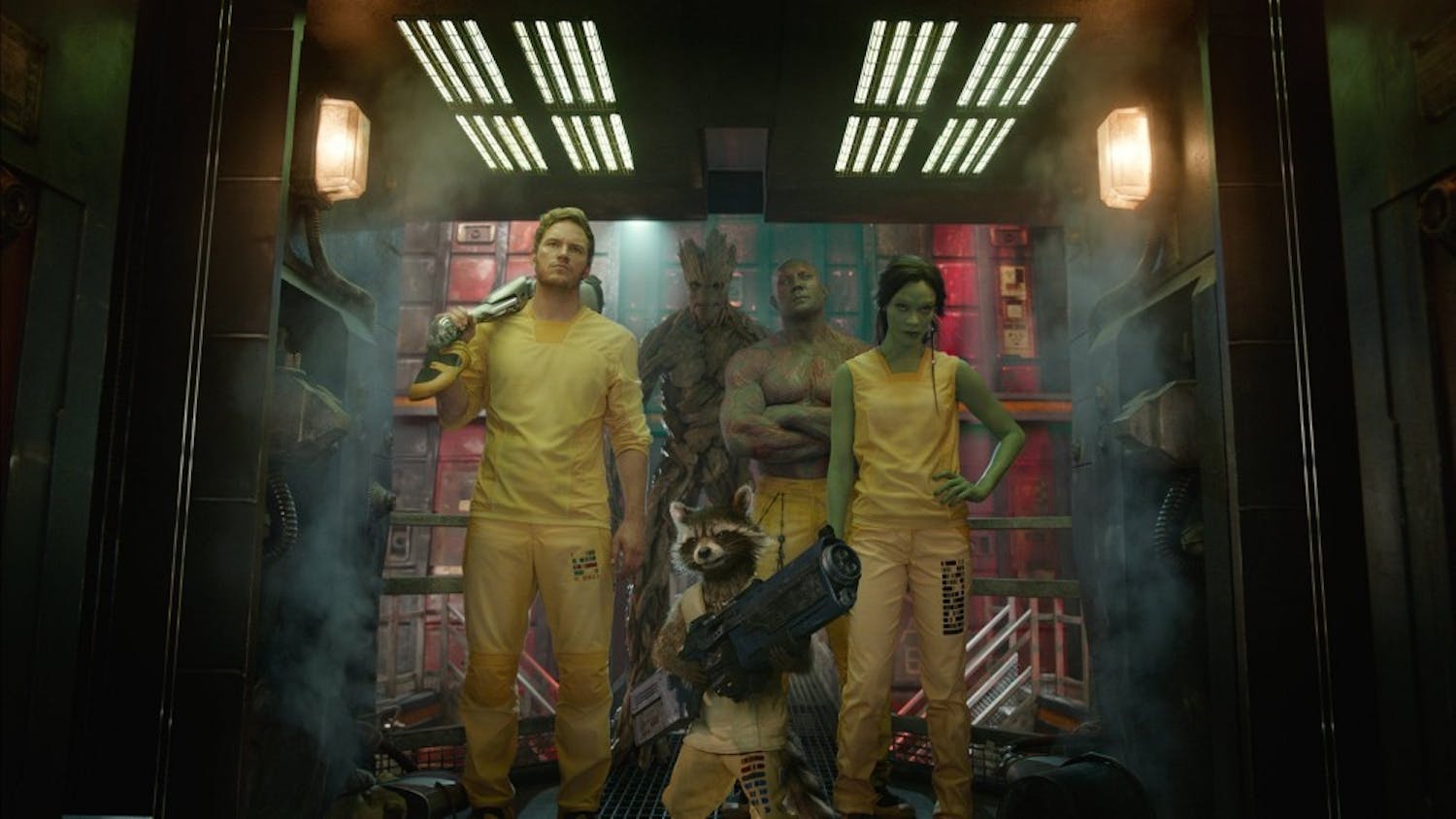 Marvel's Guardians Of The Galaxy are, from left, Chris Pratt as Star-Lord/Peter Quill, Vin Diesal as Groot, Bradley Cooper as the voice of Rocket Raccoon, Dave Bautista as Drax the Destroyer, and Zoe Saldana as Gamora. (Marvel/MCT)