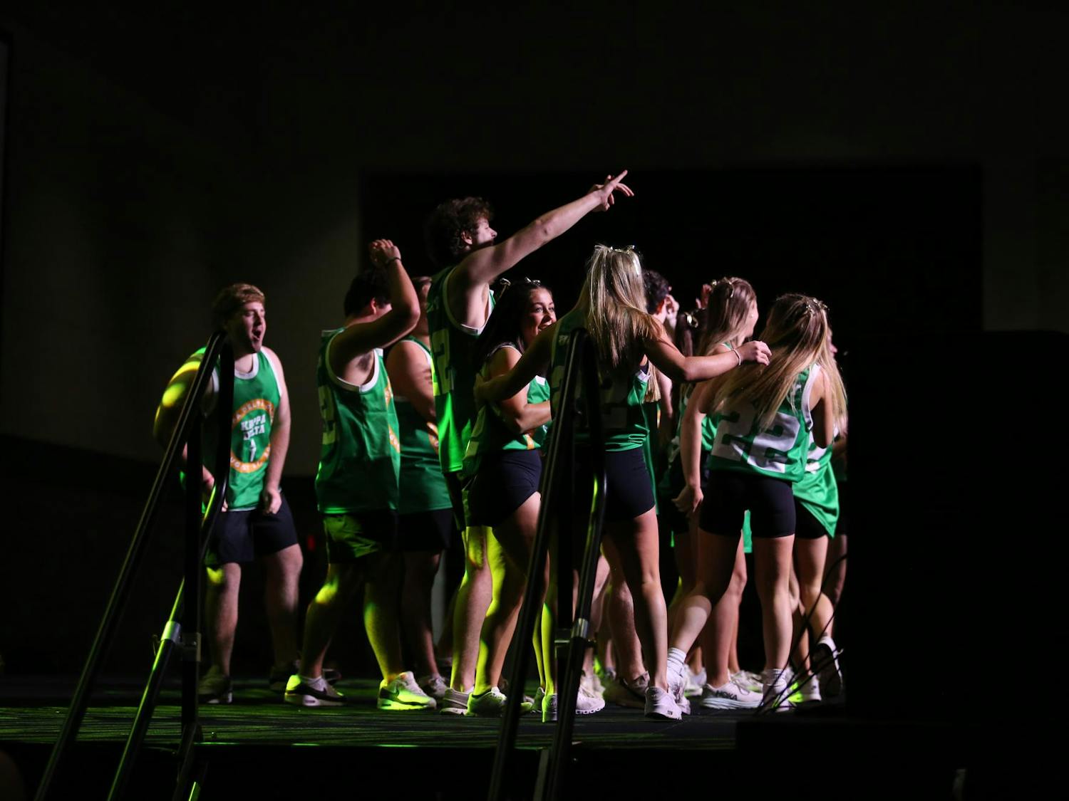 Members of Kappa Delta and Sigma Alpha Epsilon celebrate on stage during their performance at Spurs and Struts. The two Panhellenic organizations partnered together for the annual dance competition held by USC Homecoming.