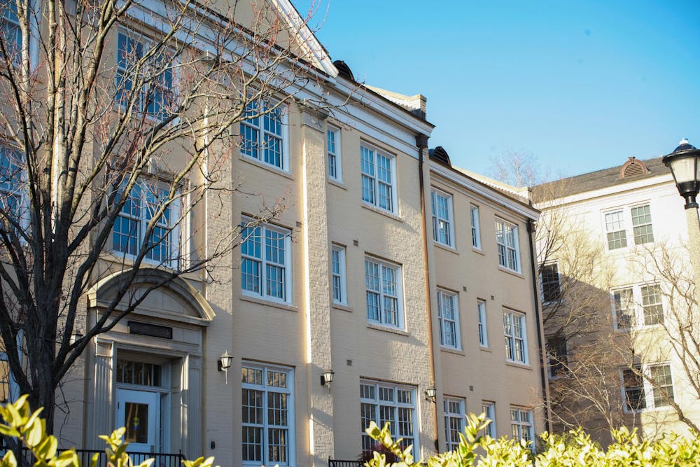 <p>The Maxcy Residence Hall building on Feb. 25, 2024, which currently houses international students on the Horseshoe. The residence hall is set to transition from an international student hub to a first-generation living &amp; learning community for the fall semester of 2024.</p>