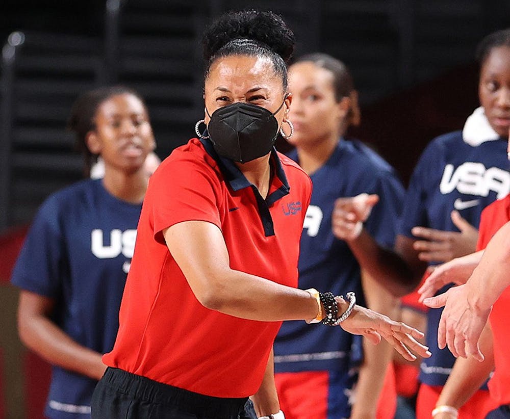 <p>Head coach Dawn Staley of Team United States reacts against France during the first half of a Women's Basketball Preliminary Round Group B game on day 10 of the Tokyo 2020 Olympic Games at Saitama Super Arena on Monday, Aug. 2, 2021, in Saitama, Japan.</p>