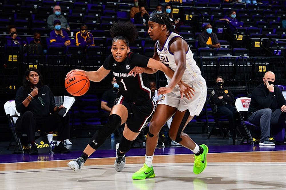 Sophomore guard Zia Cooke drives past a defender in South Carolina's win over LSU Sunday. The Gamecocks remain undefeated in the SEC.