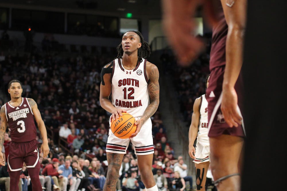 FILE — Sophomore guard Zachary Davis prepares to shoot a free throw during South Carolina's game against Mississippi State at Colonial Life Arena on Jan. 6, 2024. Davis finished the game with 9 points in the Gamecocks' 68-62 win against the Bulldogs.