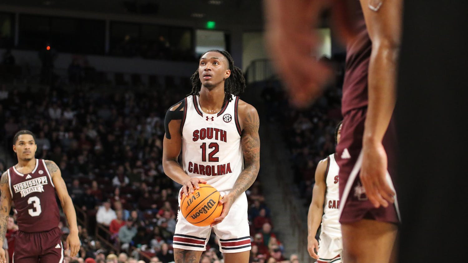 FILE — Sophomore guard Zachary Davis prepares to shoot a free throw during South Carolina's game against Mississippi State at Colonial Life Arena on Jan. 6, 2024. Davis finished the game with 9 points in the Gamecocks' 68-62 win against the Bulldogs.