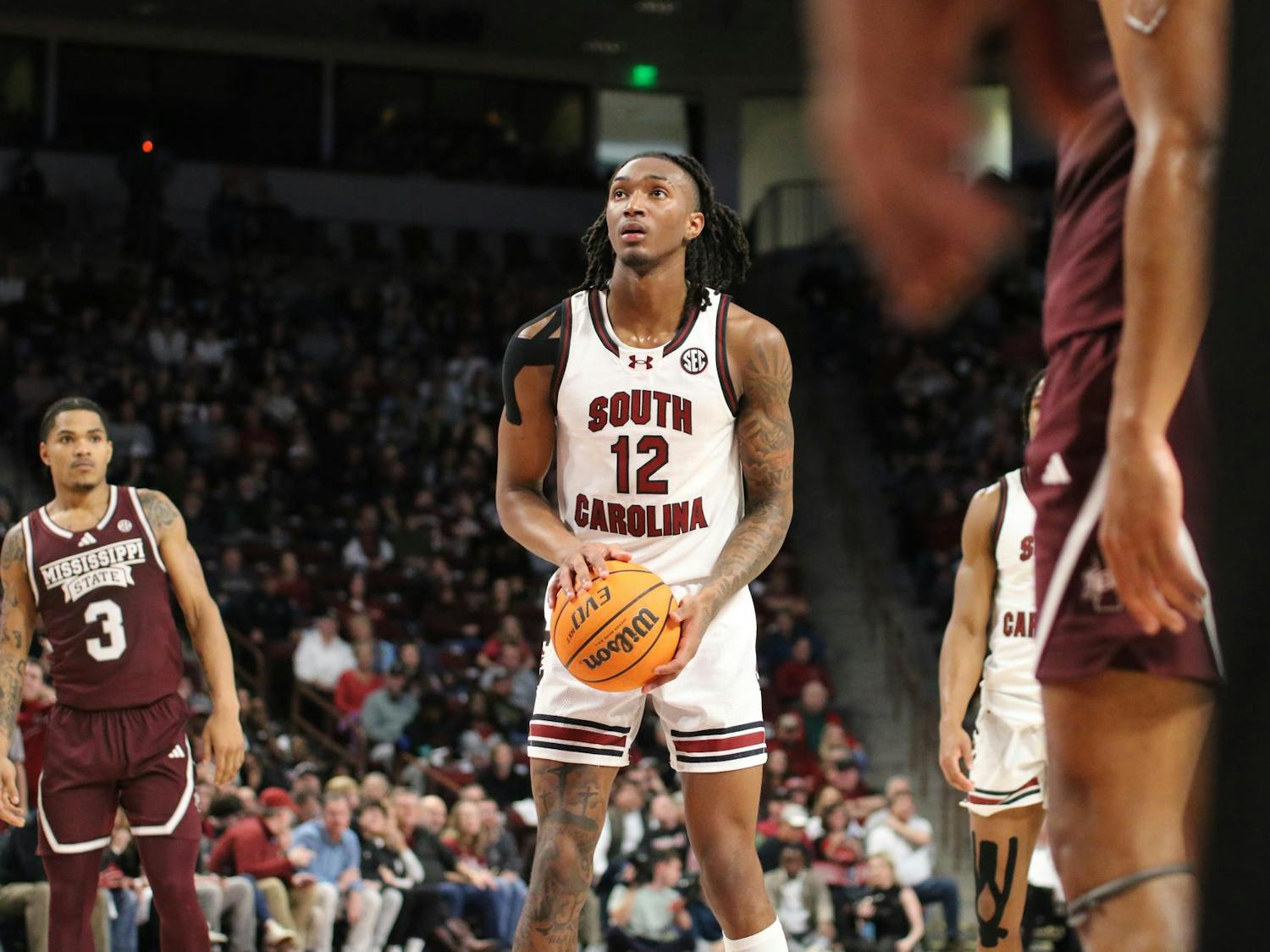 FILE — Sophomore guard Zachary Davis prepares to shoot a free throw during South Carolina's game against Mississippi State at Colonial Life Arena on Jan. 6, 2024. Davis finished the game with 9 points in the Gamecocks' 68-62 win against the Bulldogs.