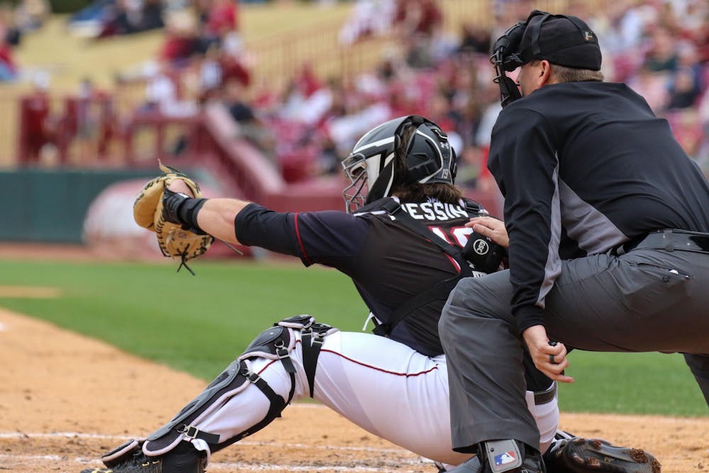 <p>FILE — Junior catcher Cole Messina frames a pitch during South Carolina’s game against Miami-Ohio on Feb. 18, 2024, at Founders Park. Messina recorded 10 total bases and two runs in South Carolina’s 14-8 victory over  Upstate on March 19, 2024.</p>