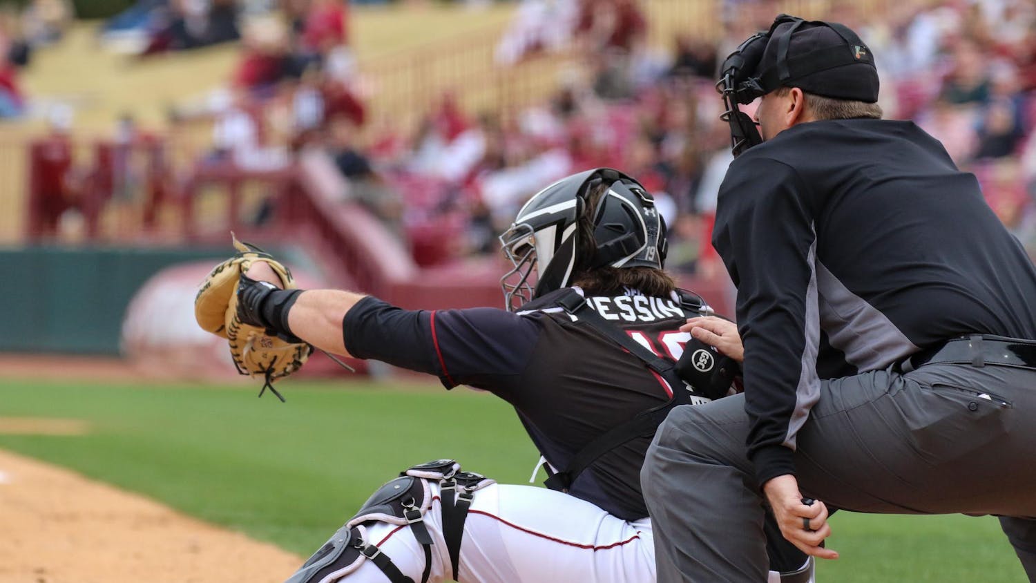 FILE — Junior catcher Cole Messina frames a pitch during South Carolina’s game against Miami-Ohio on Feb. 18, 2024, at Founders Park. Messina recorded 10 total bases and two runs in South Carolina’s 14-8 victory over USC Upstate on March 19, 2024.