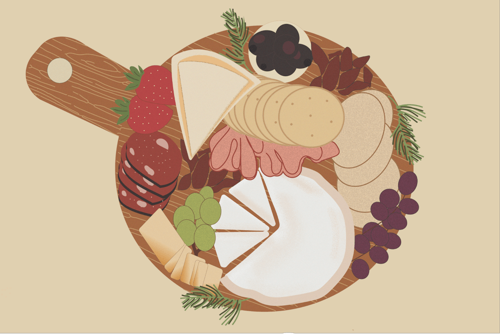 <p>The illustration shows a wooden charcuterie board with a variety of cheeses, crackers, meat and fruit spread across it in an artful manner. </p>