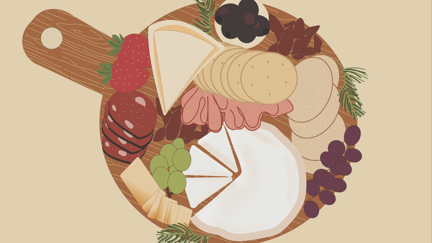 The illustration shows a wooden charcuterie board with a variety of cheeses, crackers, meat and fruit spread across it in an artful manner.