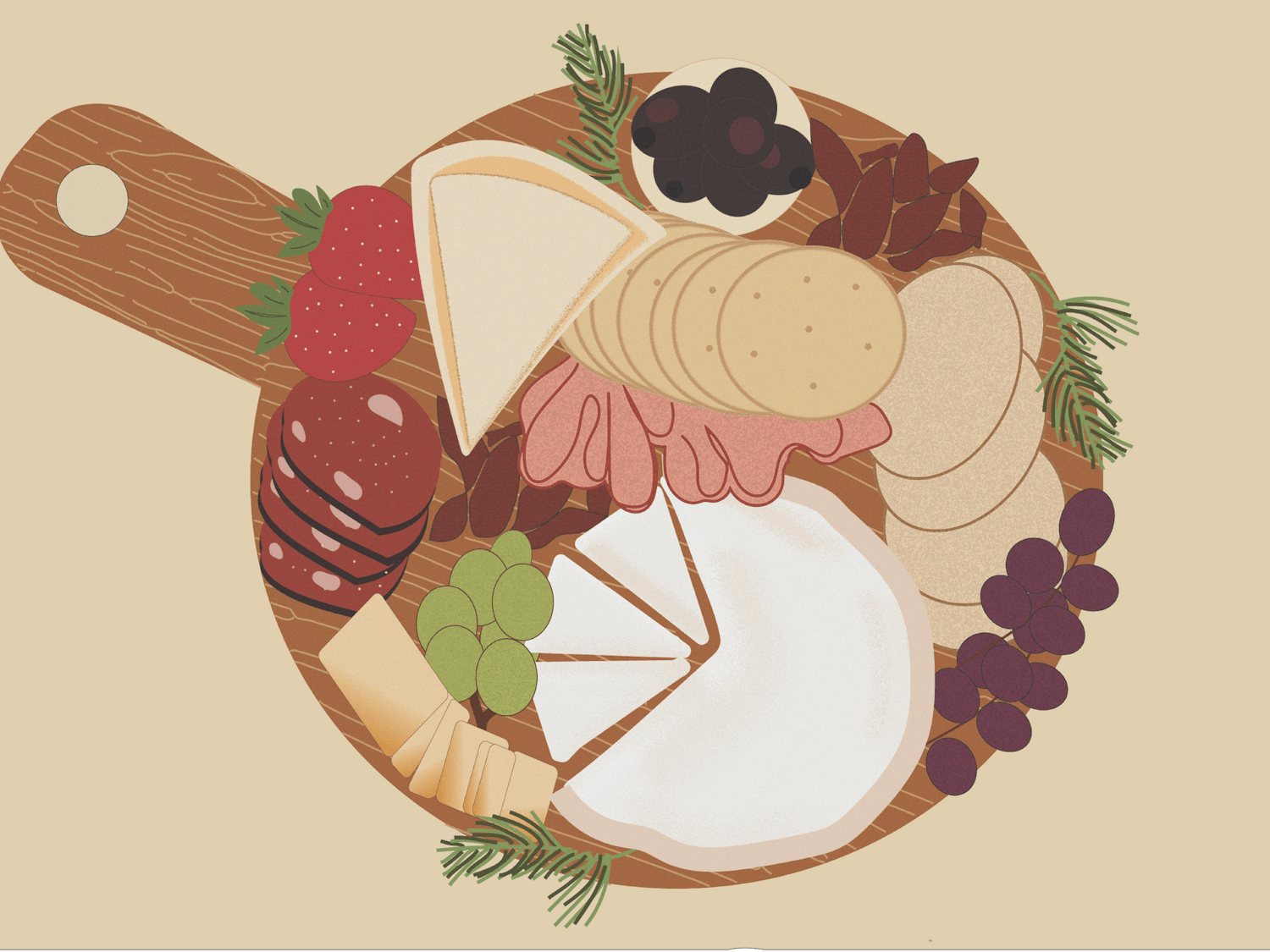 The illustration shows a wooden charcuterie board with a variety of cheeses, crackers, meat and fruit spread across it in an artful manner.