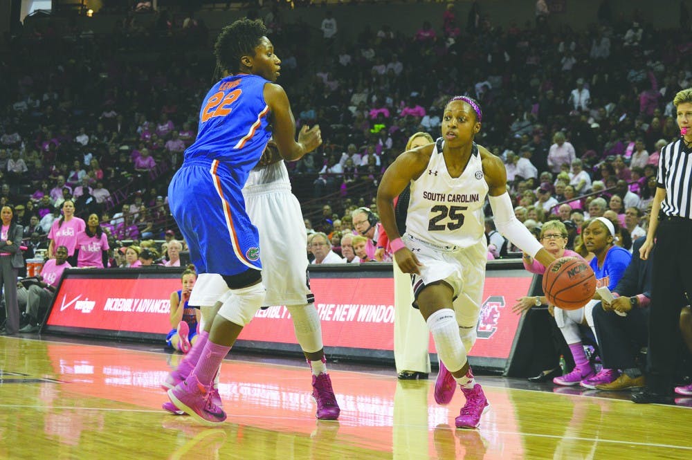 	Sophomore guard Tiffany Mitchell scored a team-high 20 points in the Sunday’s win over the Gators. She leads the Gamecocks in scoring, averaging 15.3 points per game.