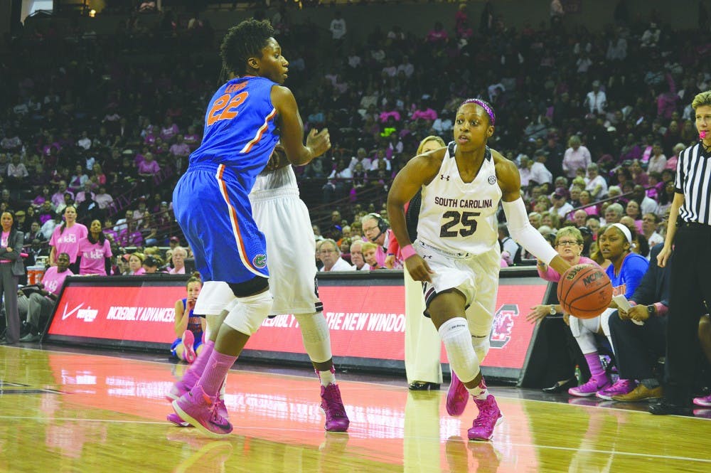 	<p>Sophomore guard Tiffany Mitchell scored a team-high 20 points in the Sunday’s win over the Gators. She leads the Gamecocks in scoring, averaging 15.3 points per game.</p>