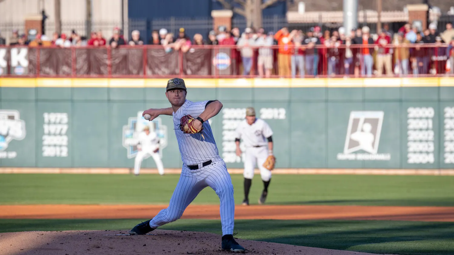 FILE — Senior right-handed pitcher Dylan Eskew throws a pitch to the Clemson offense on March. 2, 2025 at Ray Tanner Field at Founders Park. Eskew pitched six innings allowing three hits and striking out seven others.